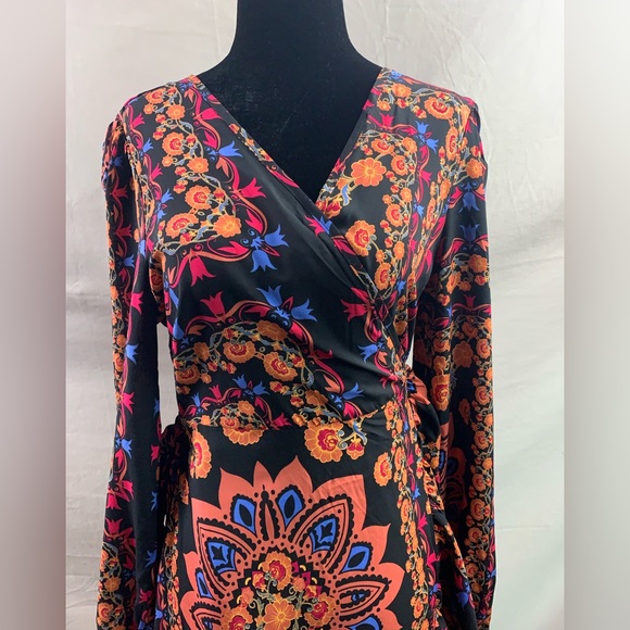 Floral Lantern Sleeve Ruffle Trim Wrap Dress - Picture 7 of 10